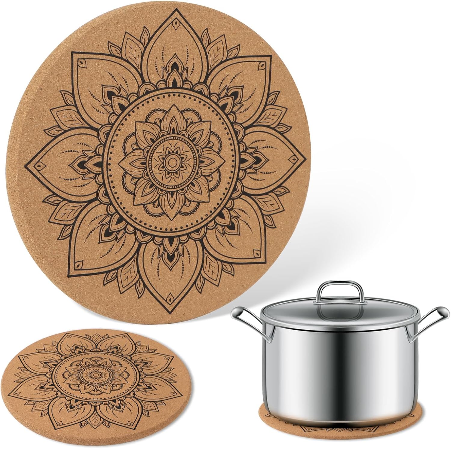 2 Sets Heat Trivet 19cm Cork Trivet Mandala Coasters Table Heat Resistant Mat Hot Pads for Kitchen Cooking Dining Table Home Supplies