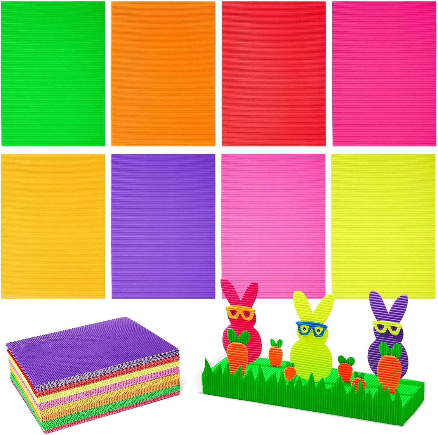 64 Pack Colored Corrugated Cardboard Sheets for Crafts, Art Projects, DIY Signs, 8 Bright Colors (8.3 x 11.8 In) - Thin Cardboard Sheets - Corrugated Paper