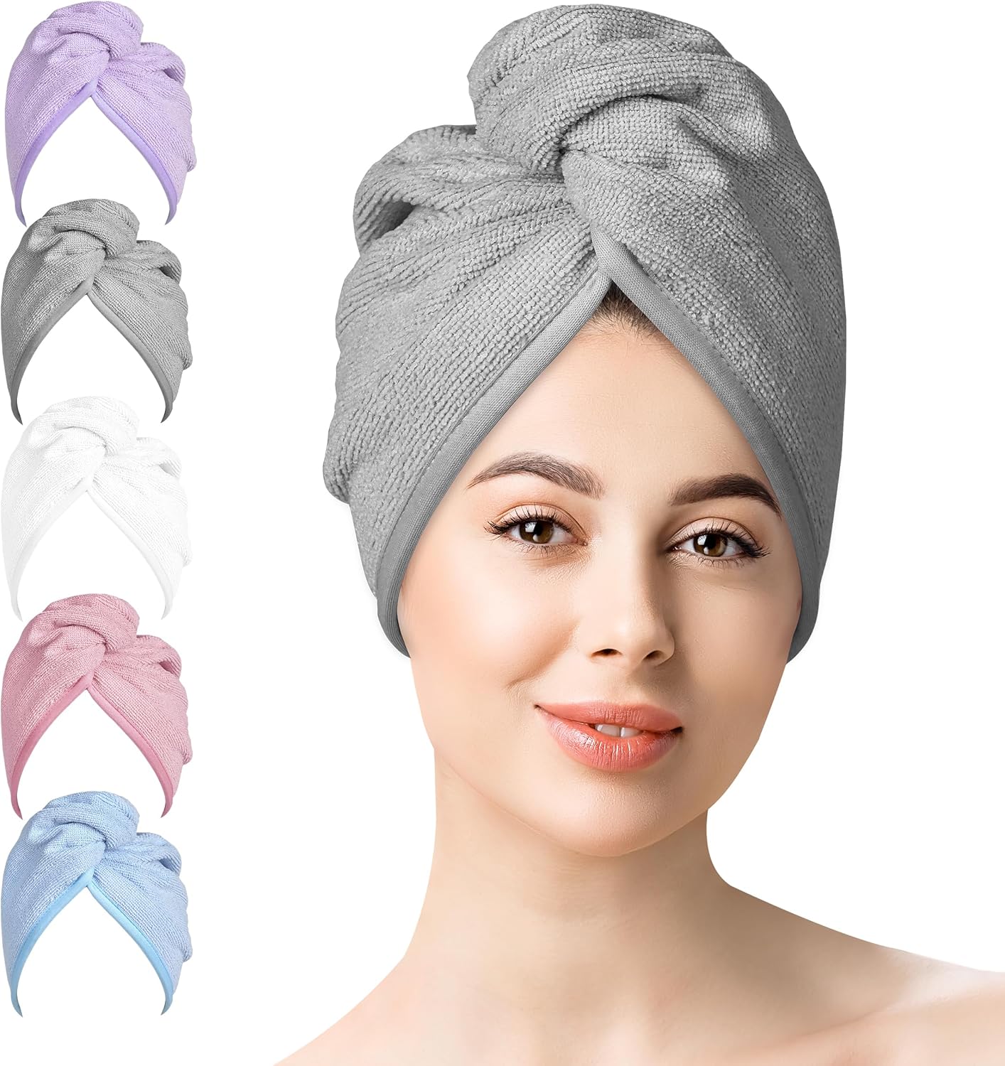 YoulerTex Microfiber Hair Towel Wrap Set: 5 Packs Turban Towel & Shower Cap for Women's Hair Care