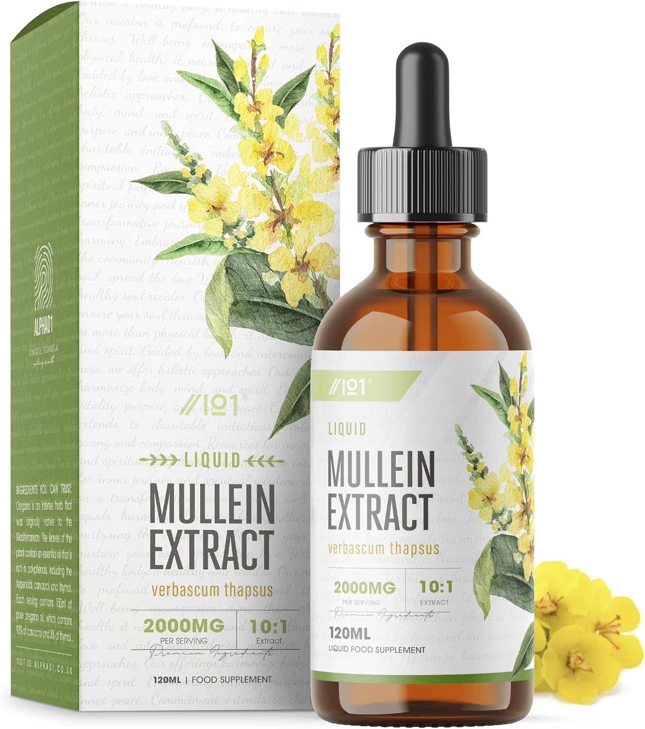Mullein Leaf Extract Drops 2000mg - 60ml - High Strength Liquid Mullein Leaf - Made in EU - Mullein Leaf Vegan Liquid Drops by Alpha01