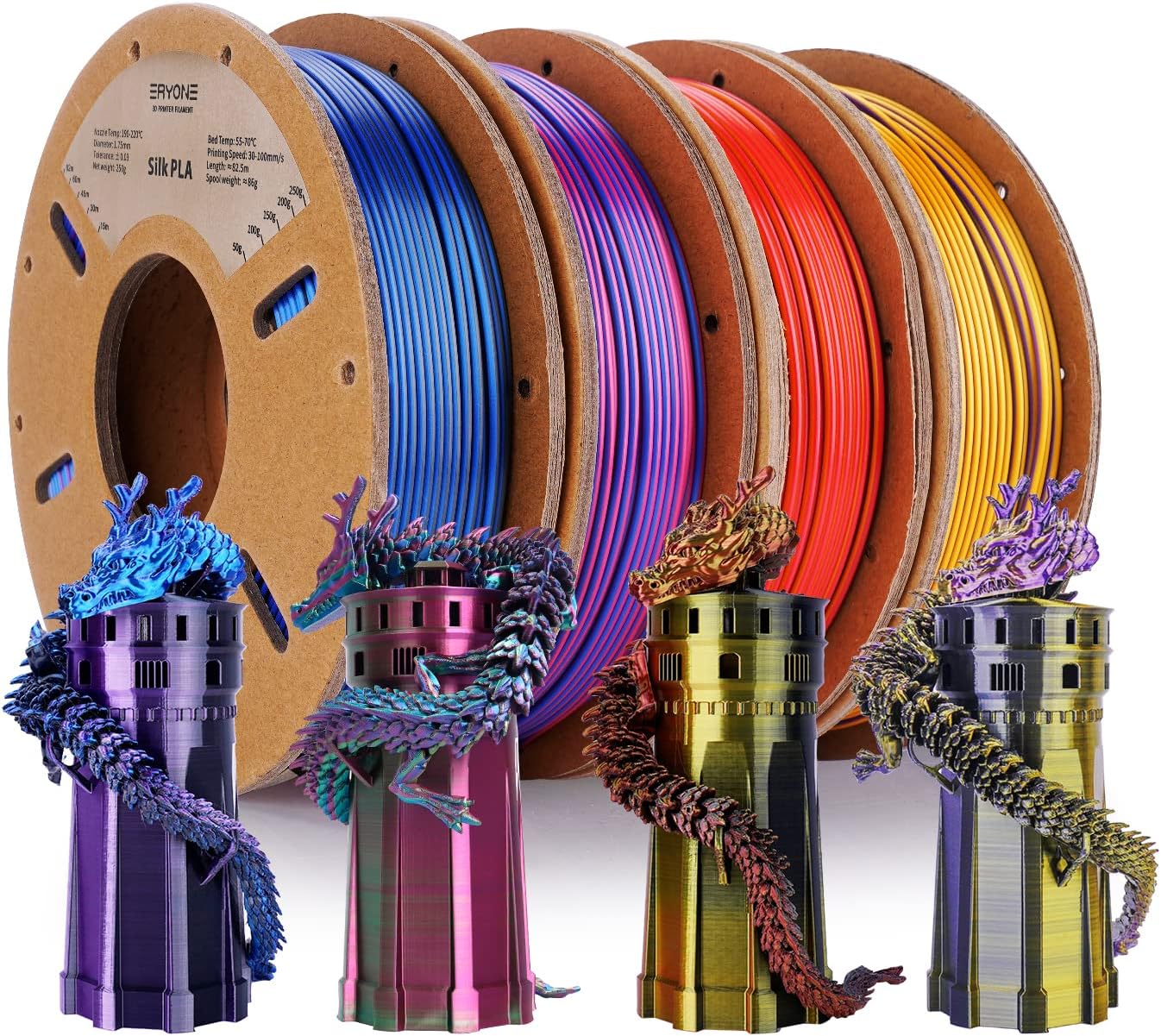 ERYONE PLAFilament Bundle, 1,75 mm Multicolor PLA Filament Set, 250g x4 Spool, Silk, Red/Gold, Gold/Purple, Blue/Purple, Red/Blue/Green