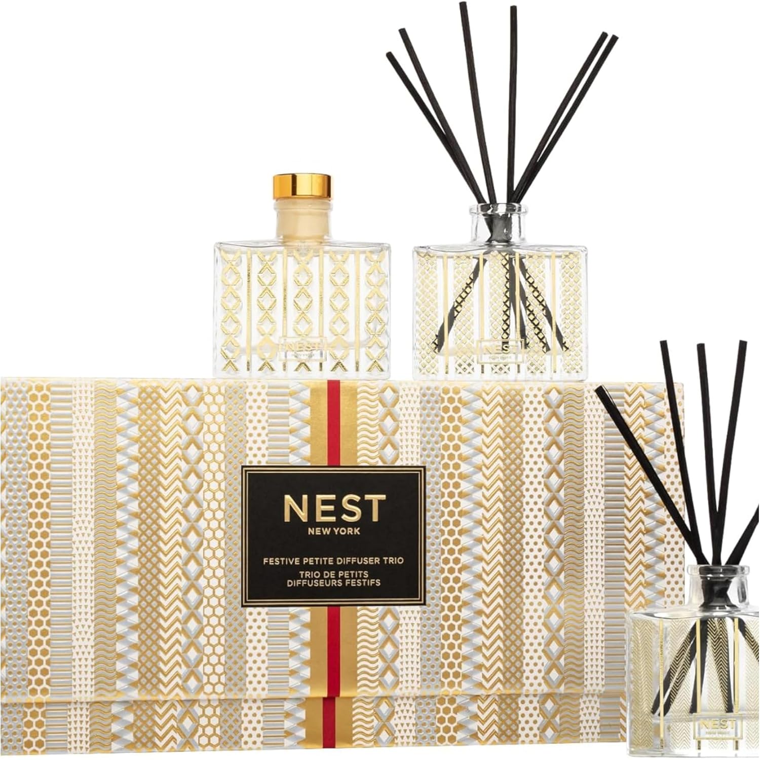 NEST New York Festive Petite Diffuser Trio - 1.3 fl oz Each - Includes Holiday, Birchwood Pine, and Blue Cypress & Snow - Fragrance for Up to 90 Days - Includes All-Natural Reed Sticks - Flame Free