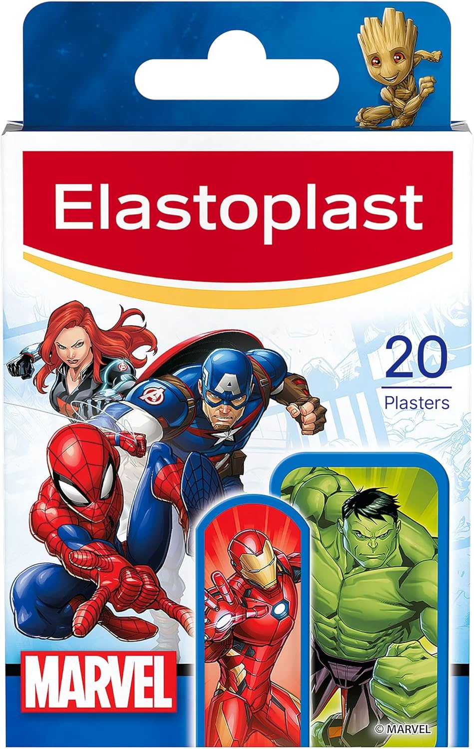 Elastoplast Marvel Plasters, Assorted Sizes (20 Pieces), Coloured First Aid Plasters for Children, Kids' Everyday Wound Care with Marvel Superhero Designs, Easy Removal and Skin-Friendly