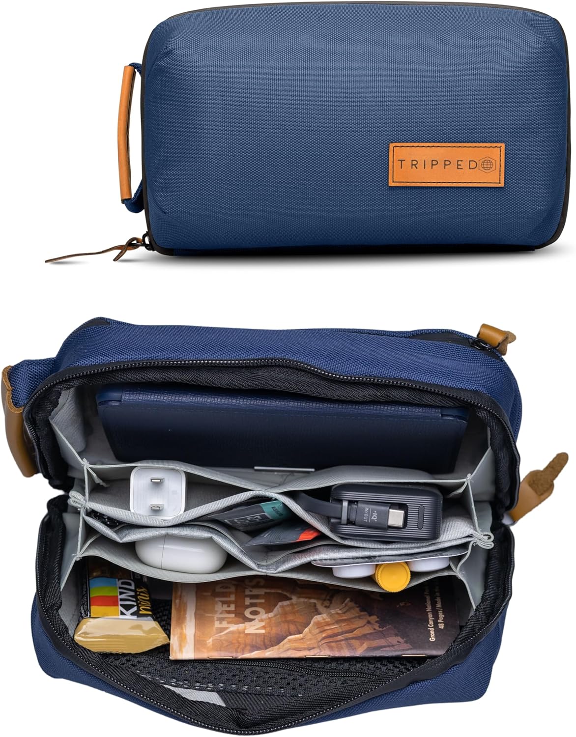 TRIPPED Travel Gear Tech Bag Organizer - Small Electronics Organizer Pouch for Travel - Premium Travel Case with Leather Accents - Mesh Pocket for Cables, Cords and Chargers (Navy)
