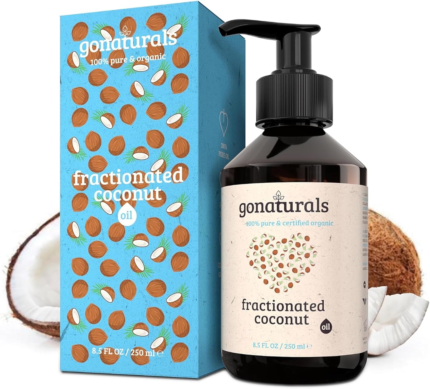 Fractionated Coconut Oil by GONATURALS for Skin, Hair & Face, 250ml - 100% Pure, Anti-Aging, Hydrating - Scalp, Lips, Beards, Nails, Tattoos, Aromatherapy, Body Massage, Made in Germany