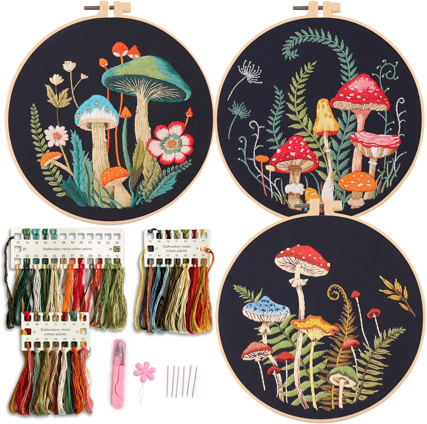 Myfelicity Embroidery Kit with Mushroom Patterns, 3 Hoops, Fabric, Threads, Needles, Instructions (red)