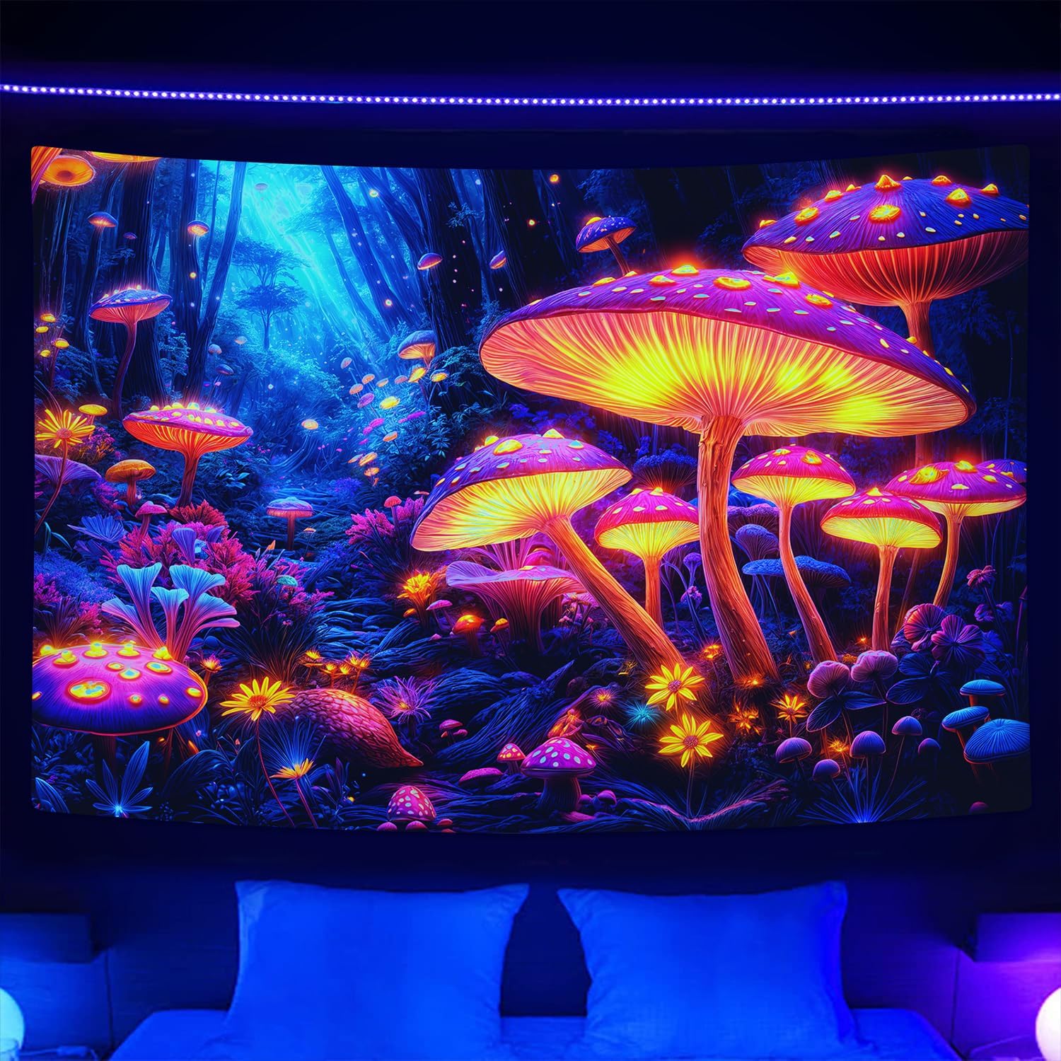 Vintage Tapestry Blanket Mushroom Nature UV Reactive Flower Glow Dark Picnic Blanket Flag with Grommets for Bedroom,Picnic,Party Planners S
