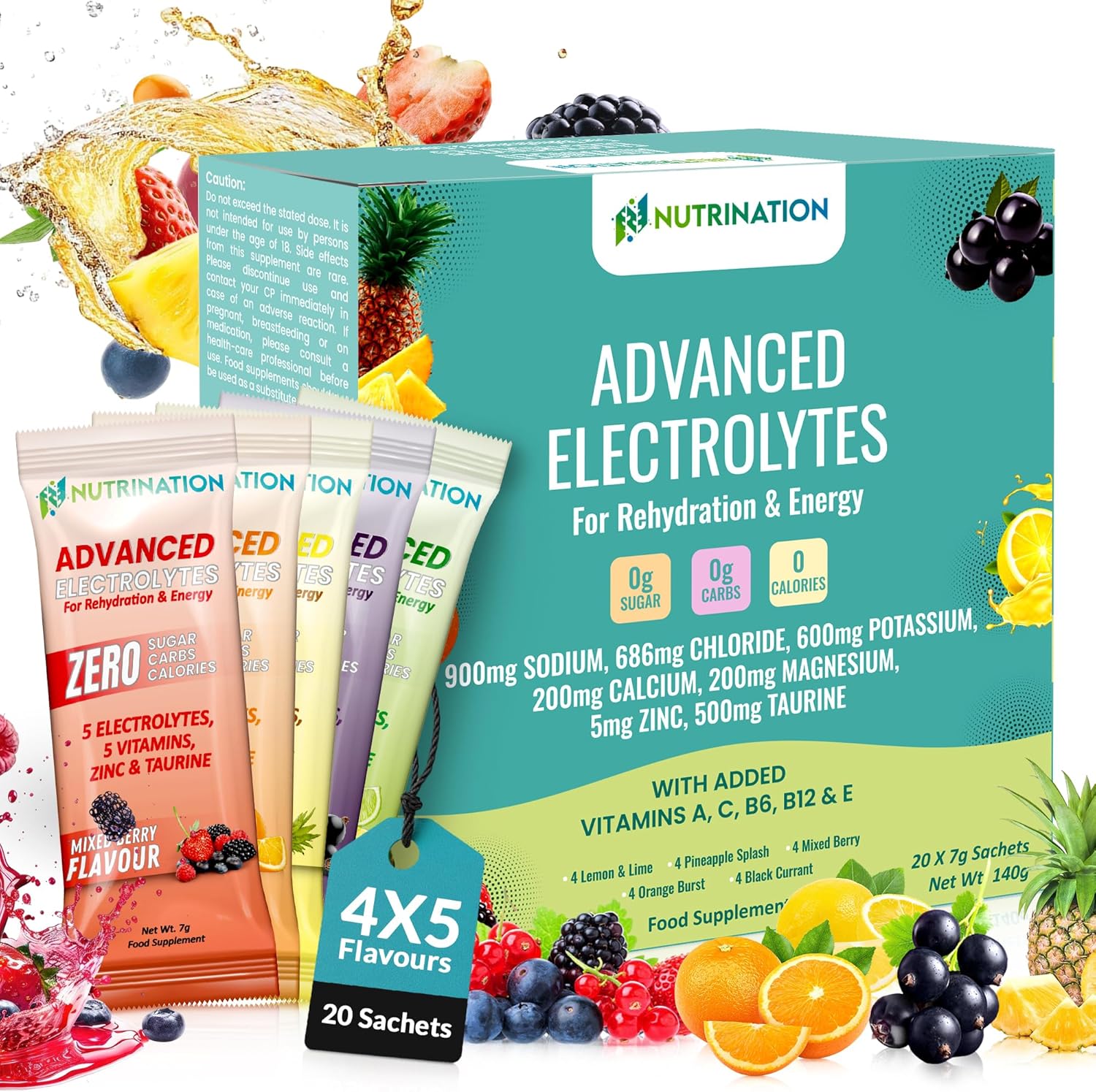 Advanced Electrolytes Sachets – High Strength Hydration Sachets with 5 Electrolytes, 5 Essential Vitamins & 500mg Taurine for Energy Support – Zero Sugar, Zero Calories – Variety Pack of 20