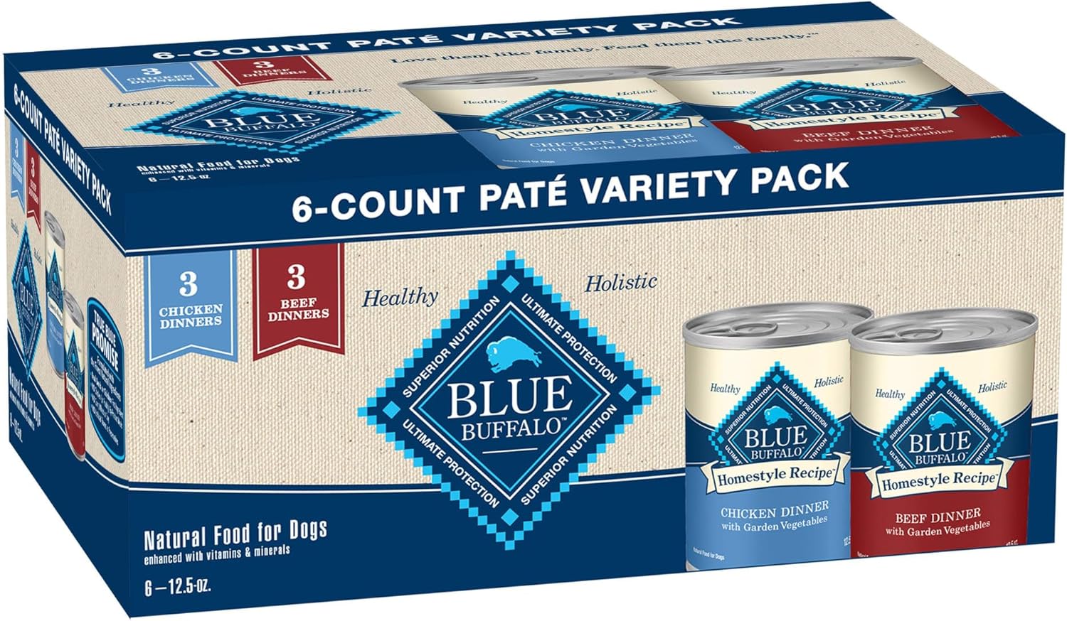 Blue Buffalo Homestyle Recipe Adult Wet Dog Food, Made with Natural Ingredients, Chicken and Beef Dinner Variety Pack, 12.5-oz Cans (6 Count, 3 of each)