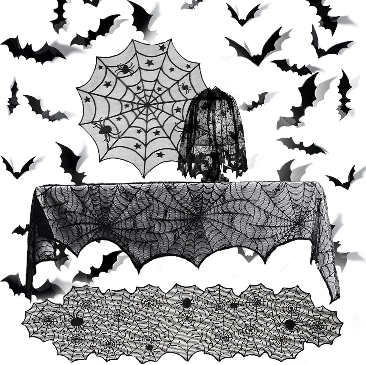 DAVBNM 40 PCS Halloween Decorations Set, Indoor Halloween Decor with Ornaments, Lace Round Tablecloth, Spooky Bat Spiderweb Rectangular Tablecloth, Fireplace Mantel Scarf, 3D Bat Wall Stickers
