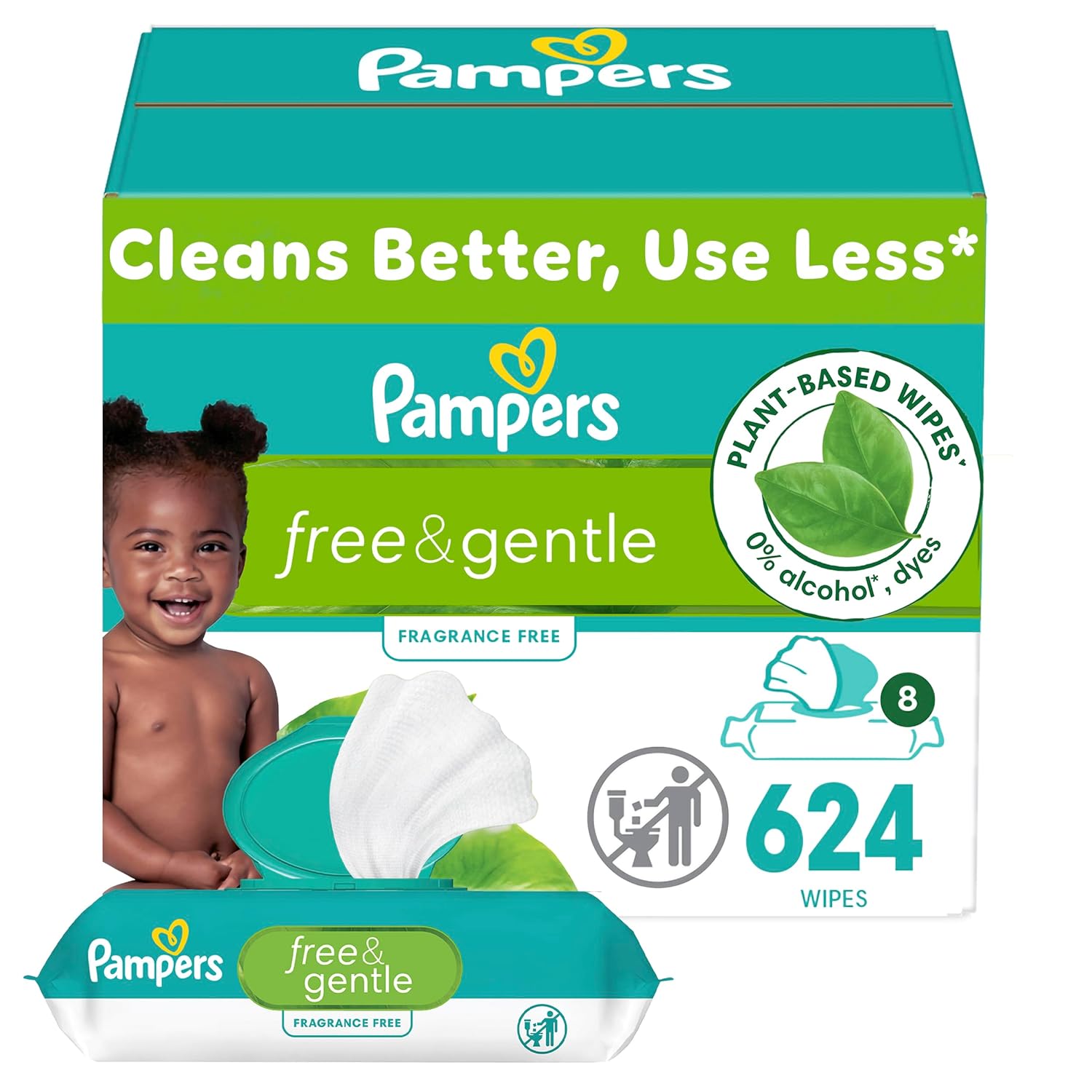 Pampers Baby Wipes, Free & Gentle, Hypoallergenic and Unscented Wipe, 100% Plant Based, Plastic-Free for Babies, 624 Total (8 Flip-Top Packs)