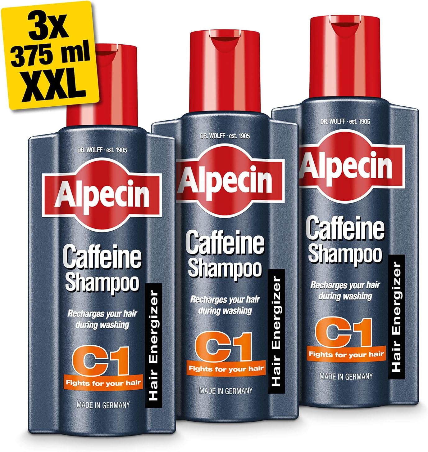Alpecin Caffeine Shampoo C1 3x 375ml | Against Thinning Hair | Shampoo for Stronger and Thicker Hair | Natural Hair Growth Shampoo for Men | Hair Care for Men Made in Germany