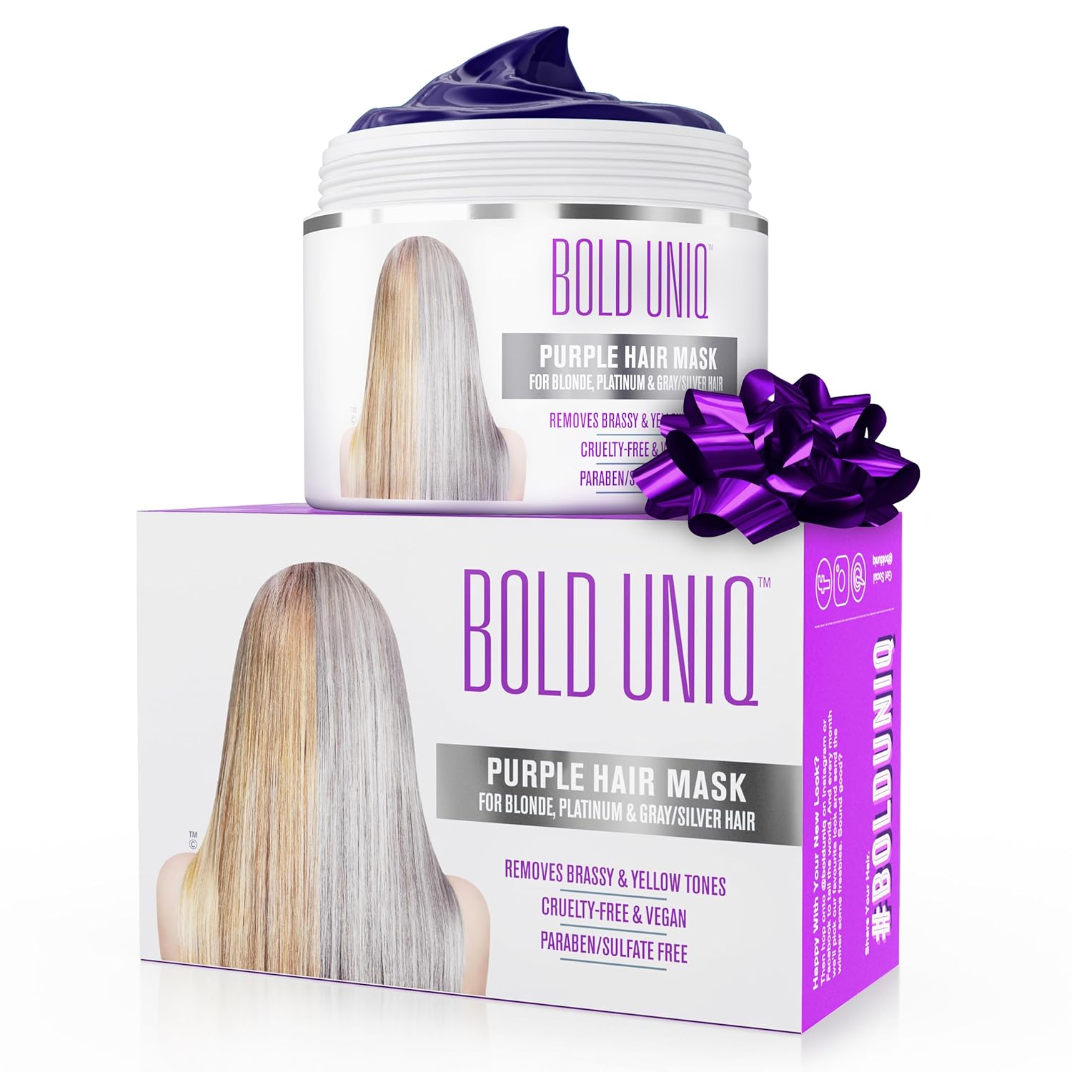 Bold Uniq Purple Hair Mask - Toner For Blonde, Platinum, Bleached, Silver, Gray, Ash & Brassy Hair - Remove Yellow Tones & Condition Dry, Damaged Hair - Cruelty Free & Vegan - 6.76oz