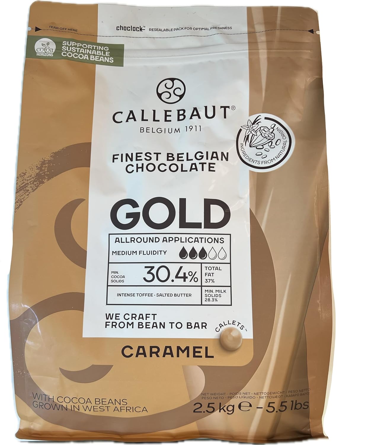 Callebaut Gold Caramel Chocolate Easimelt Callets Finest Belgian Chocolate 2.5Kg