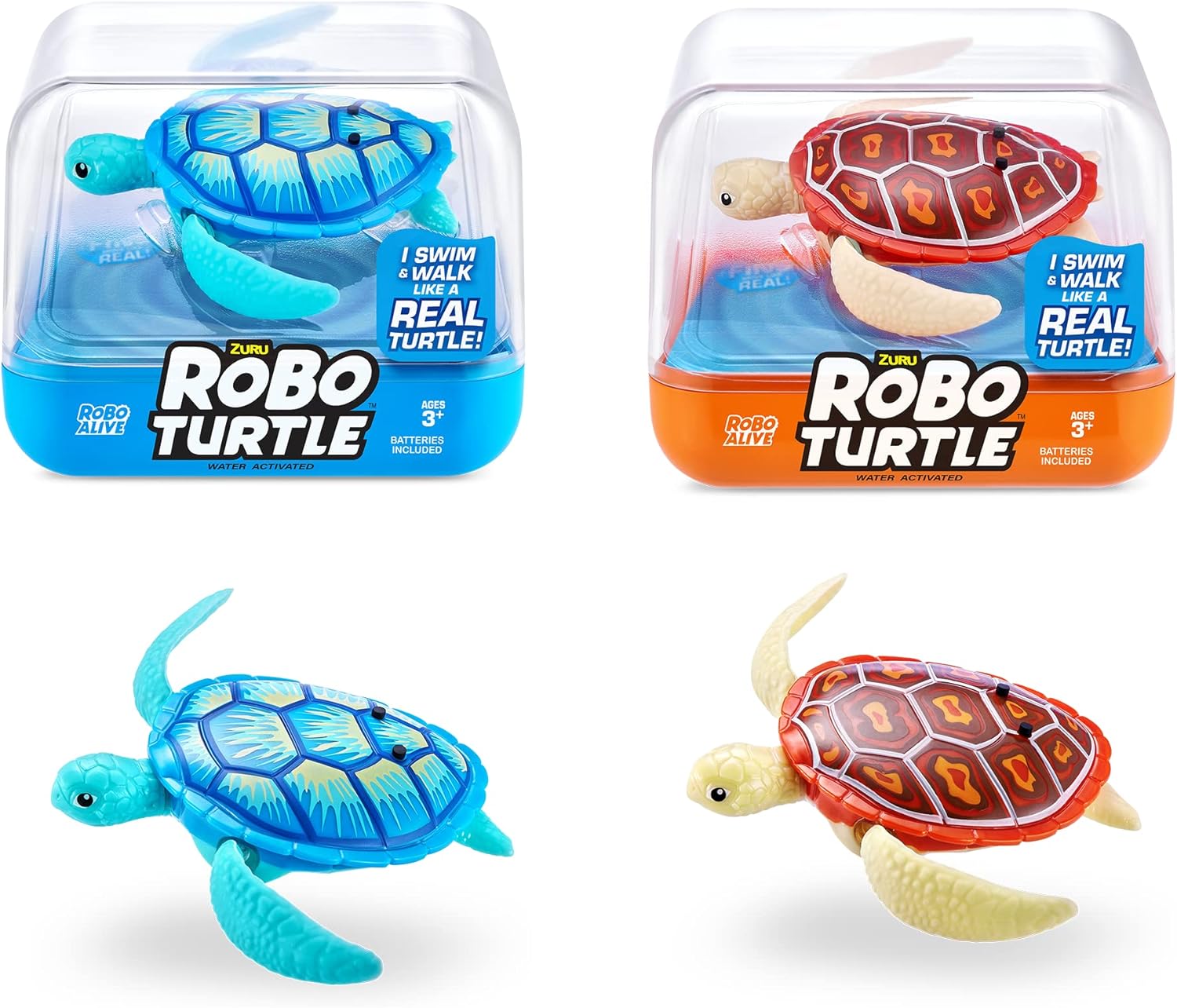 Robo Turtle Robotic Swimming Turtle by ZURU, Swims, Battery Powered, Toy Turtle, bath Toy(2 Pack, Orange & Blue)