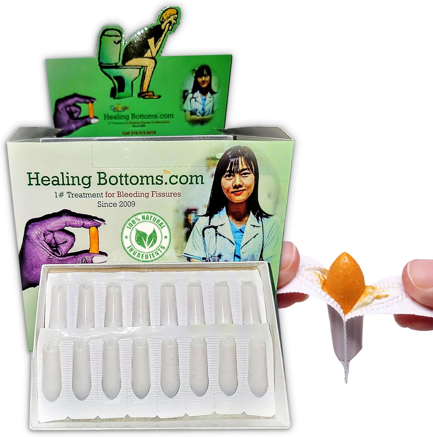 Healing Bottoms Anal Fissure Suppository | Expert Formulation for Rectal Bleeding Due to Anus Fissure, Hemorrhoids, Diarrhea, & Constipation | Made with Natural Curcumin & Turmeric Extract | 16ct