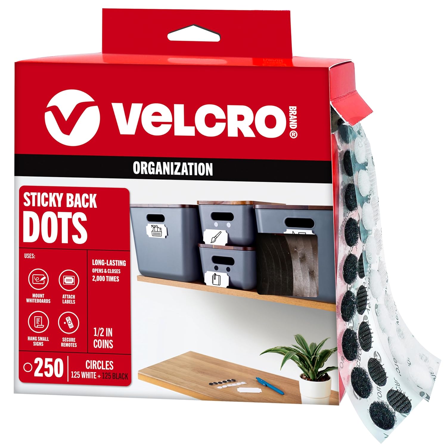 VELCRO Brand Dots with Adhesive | 250 Sets White and Black Assorted | Preschool Classroom Must Haves | Sticky Back Circles Perfect for Teachers | 1/2 Inch Round Tape (VEL-40031-USA)