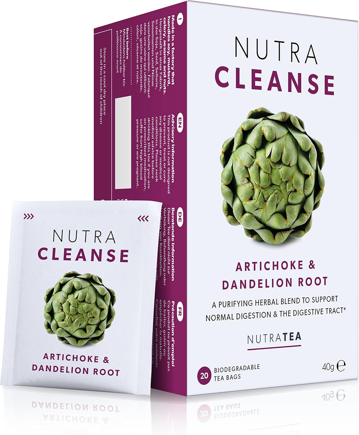 Nutra Tea NUTRACLEANSE - Detox Tea. Cleanse Tea to Help Relieve Constipation & Encourage Digestion with Dandelion Root, Artichoke & Milk Thistle. 20 Individual Wrapped Bags - Herbal Infusion (1 Pack)