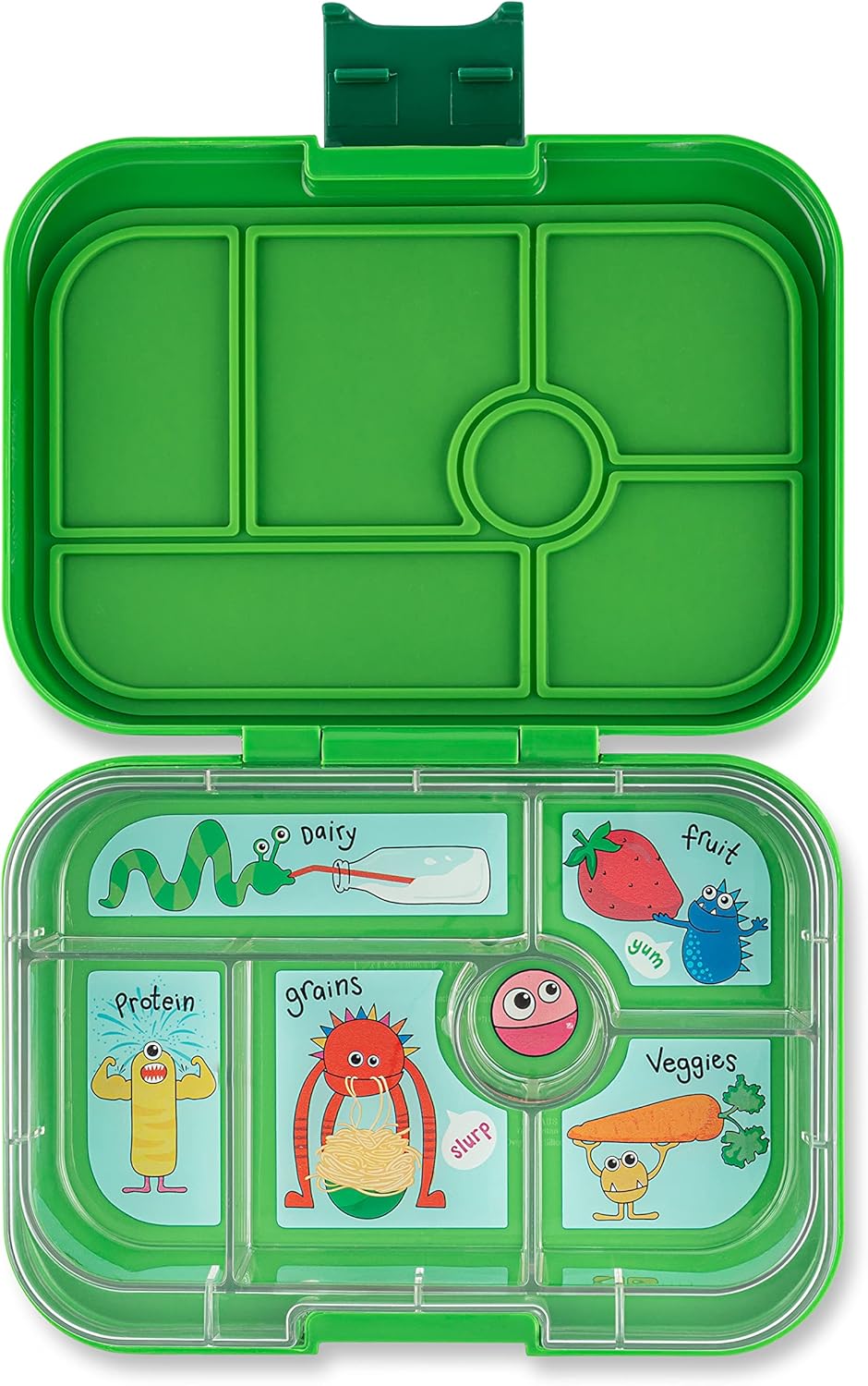 yumbox Original Leakproof Kids Bento Lunch Box, 5 Compartments + Dip Well, Easy-Open Latch, Portion Control, Removable Illustrated Tray, Ages 3-7 (Jurassic Green (Funny Monsters Tray))