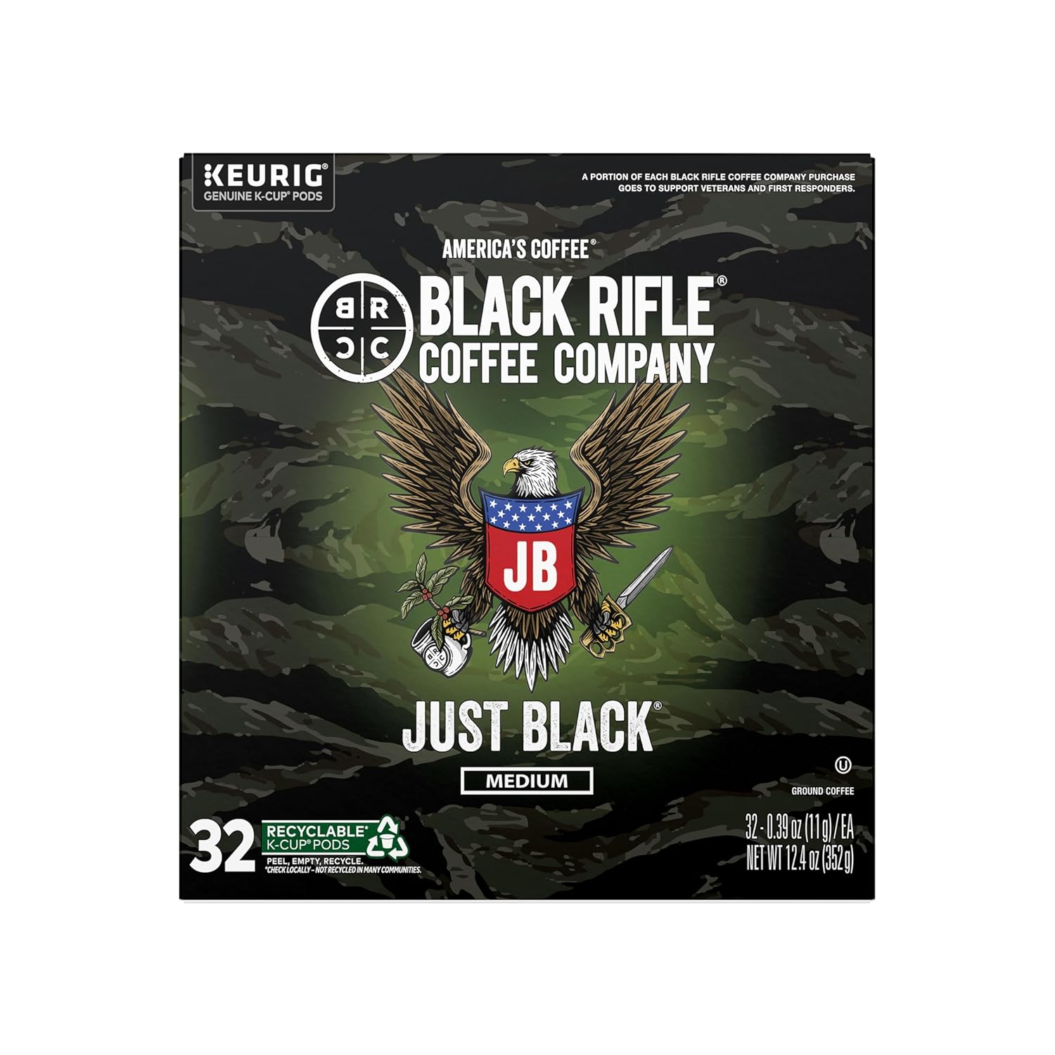Black Rifle Coffee Company Medium Roast K Cups - Single Serve K Cups Coffee Pods - Kcup Pods Compatible with Keurig 1.0 & 2.0 - Made from Arabica Beans (Just Black, 32 Count)