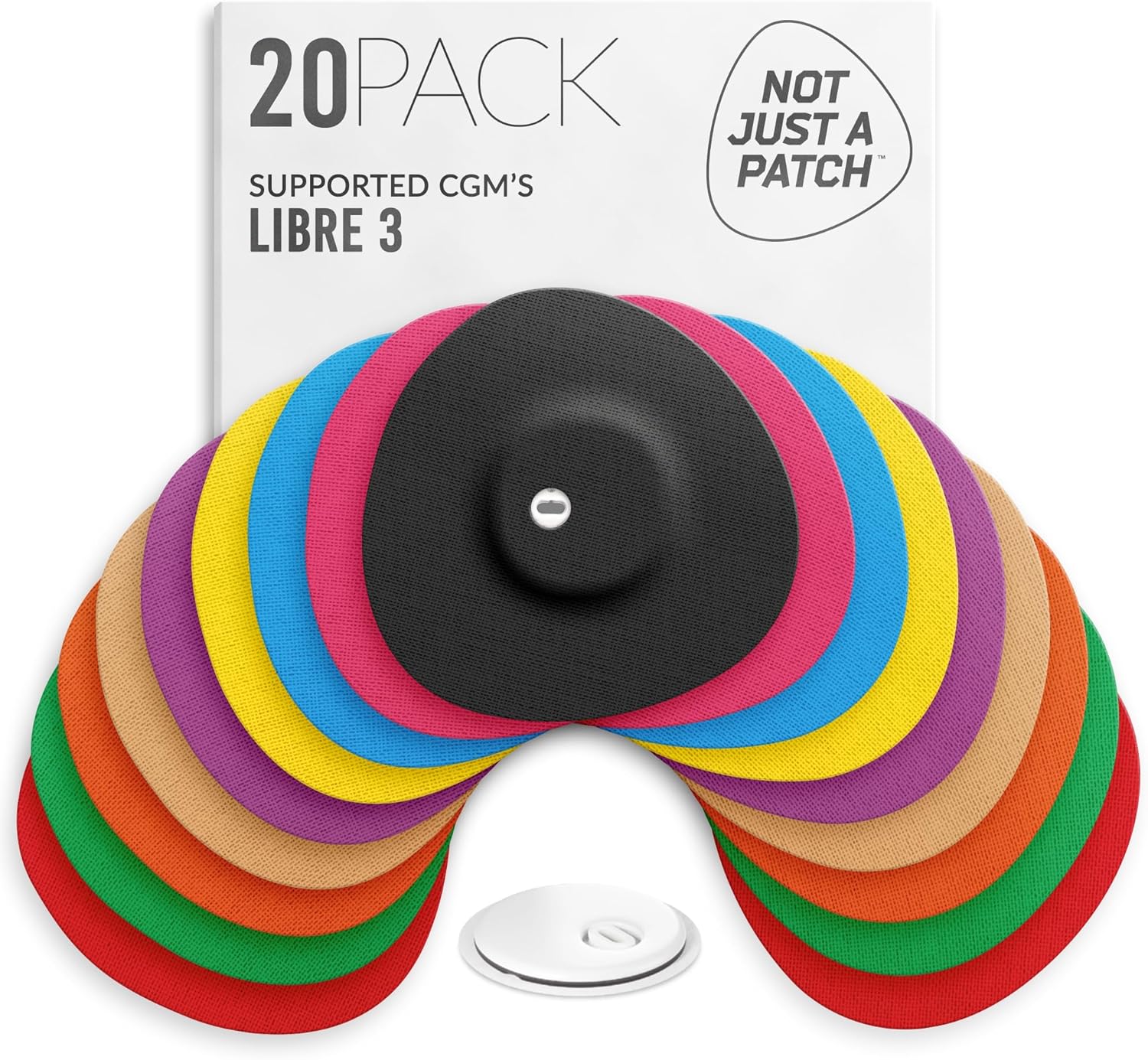 Not Just A Patch Freestyle Libre 3 Plus Sensor Covers (20 Pack) – Breathable, Sweatproof & Secure Hold – Precision-Cut Hole for Ventilation, Adhesion & Gentle Support – 10-14 Day Wear - Multicolor