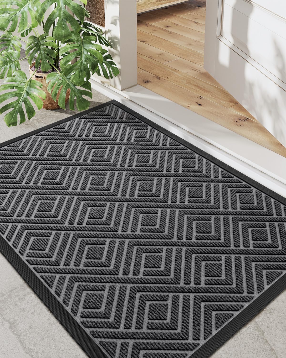 DEXI Door Mat Heavy Duty Outdoor Indoor Doormat, Stain and Fade Resistant, Non Slip Front Door Mats, Patio Entryway Floor Mat, 32"x48", Checkered Grey