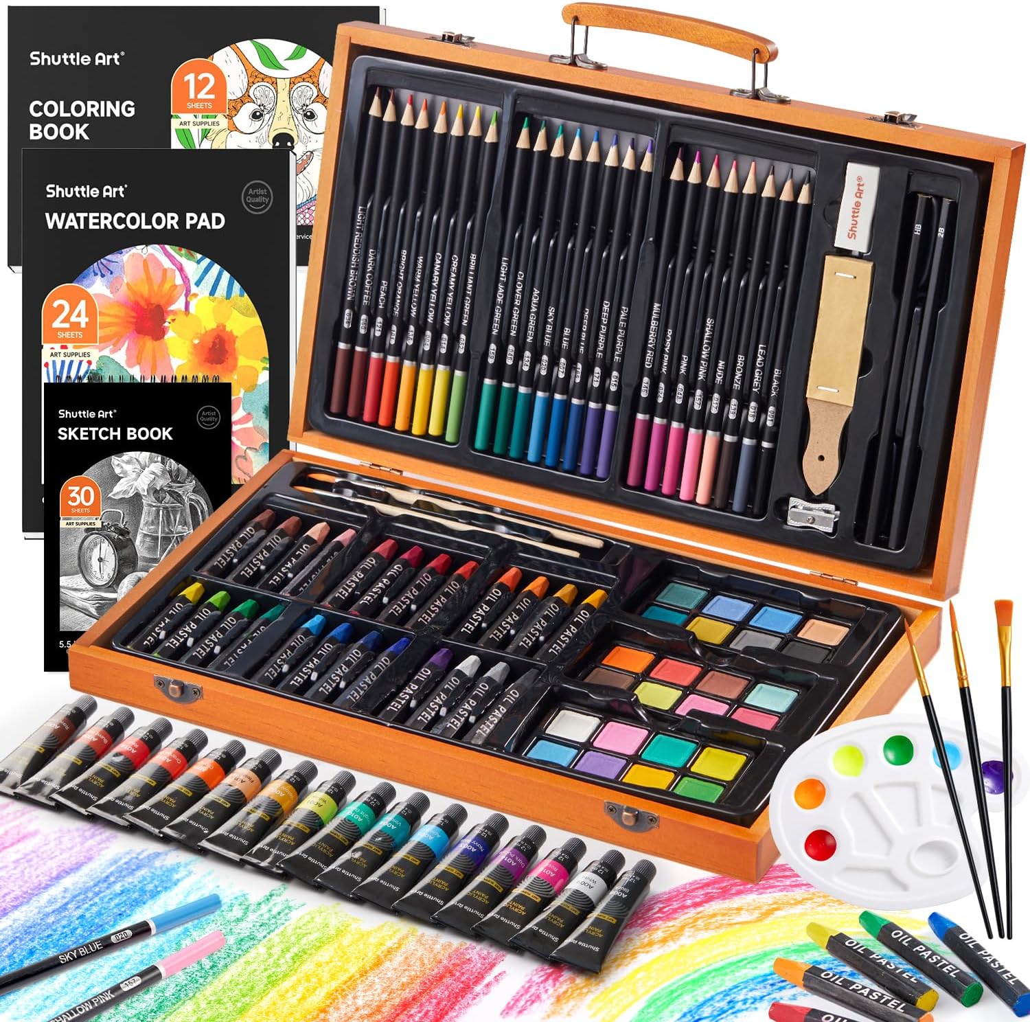 Shuttle Art 118 Piece Deluxe Art Set, Art Supplies in Wooden Case, Painting Drawing Art Kit with Acrylic Paint Pencils Oil Pastels Watercolour Cakes Colouring Book Sketch Pad for Kids Adults