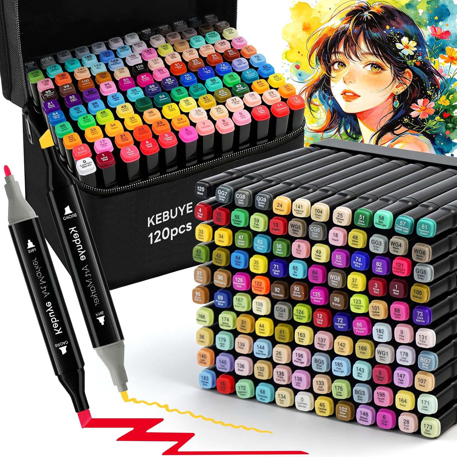 Kebuye Alcohol Based Markers Set 120 Colours - Colouring Pens for Adults Kids Art Pens for Drawing Sketching Anime Manga Permanent Marker Pens with Carrying Case and Storage Base