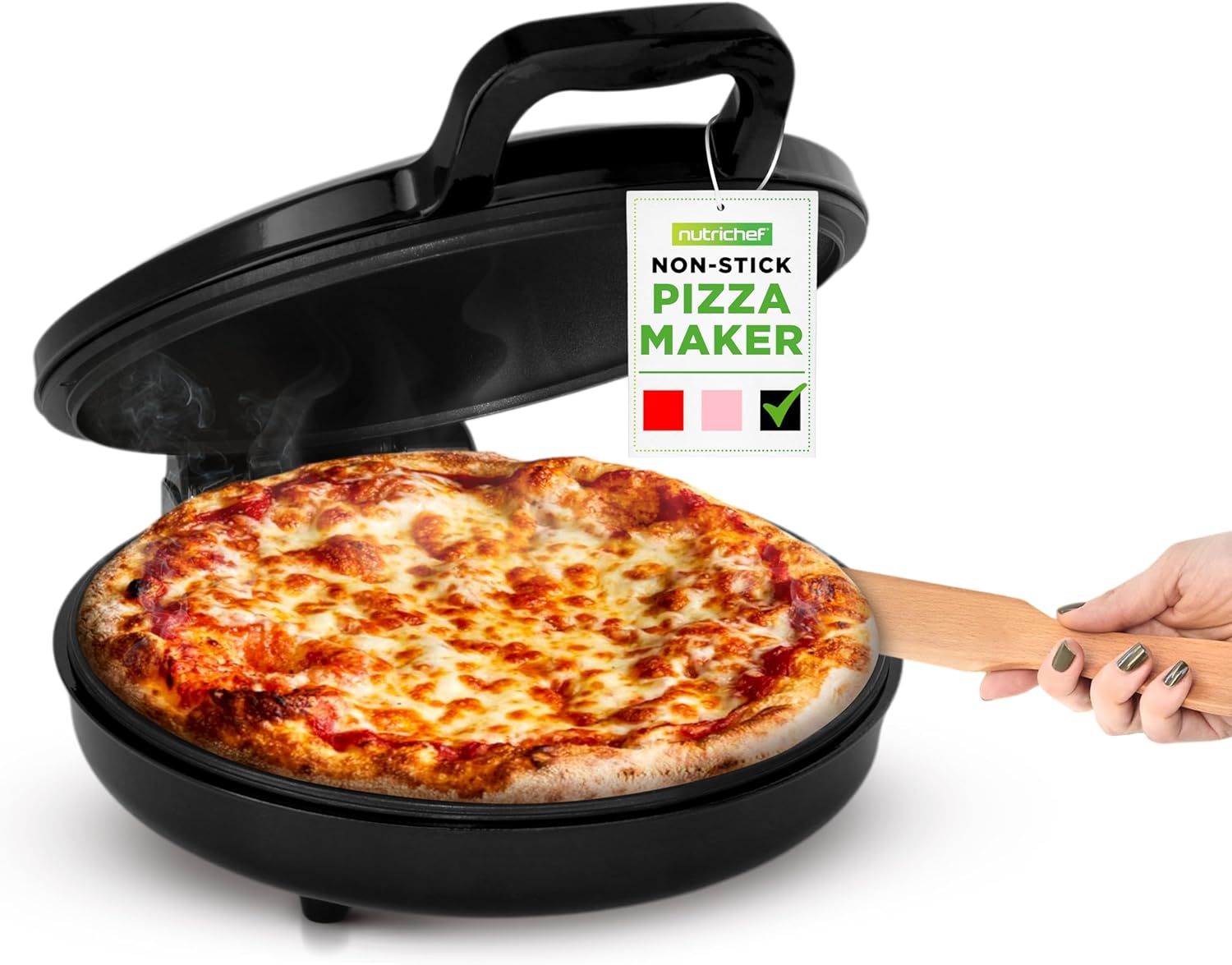 NutriChef Countertop Pizza Maker | 1500W Non-Stick Electric Pizza Cooker | Make 12" Personal Pizzas, Eggs, Toast, Quesadillas & More | Cool-Touch Handles & Space Saving | Temp Range 175-400°F | Black