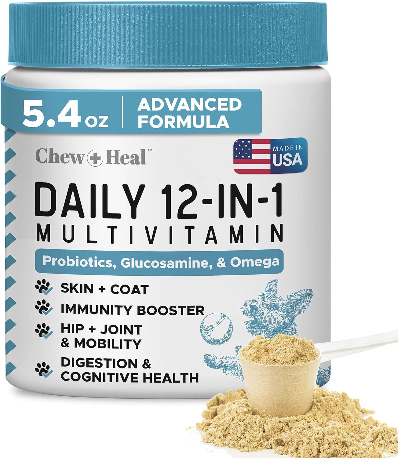 12-in-1 Multivitamin Powder for Dogs - 5.4 oz of Puppy and Senior Dog Vitamins and Supplements - Advanced Formula with Glucosamine, Omega 3,6,9, Vitamins, Probiotics, and More - Made in The USA