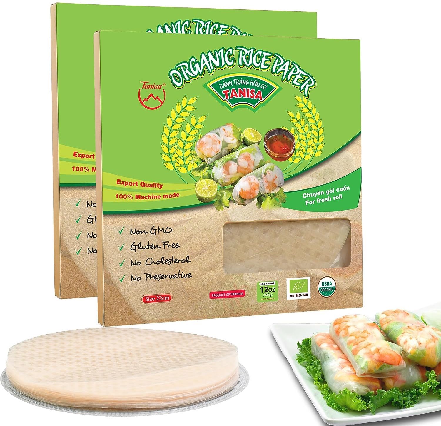 TANISA 2 Packs, 76 Sheets Organic Spring Roll Rice Paper Wrapper for Fresh roll (22cm, Round, 12 oz/pack), NON GMO, GLUTEN FREE, Made In Vietnam, Banh Trang Goi Cuon