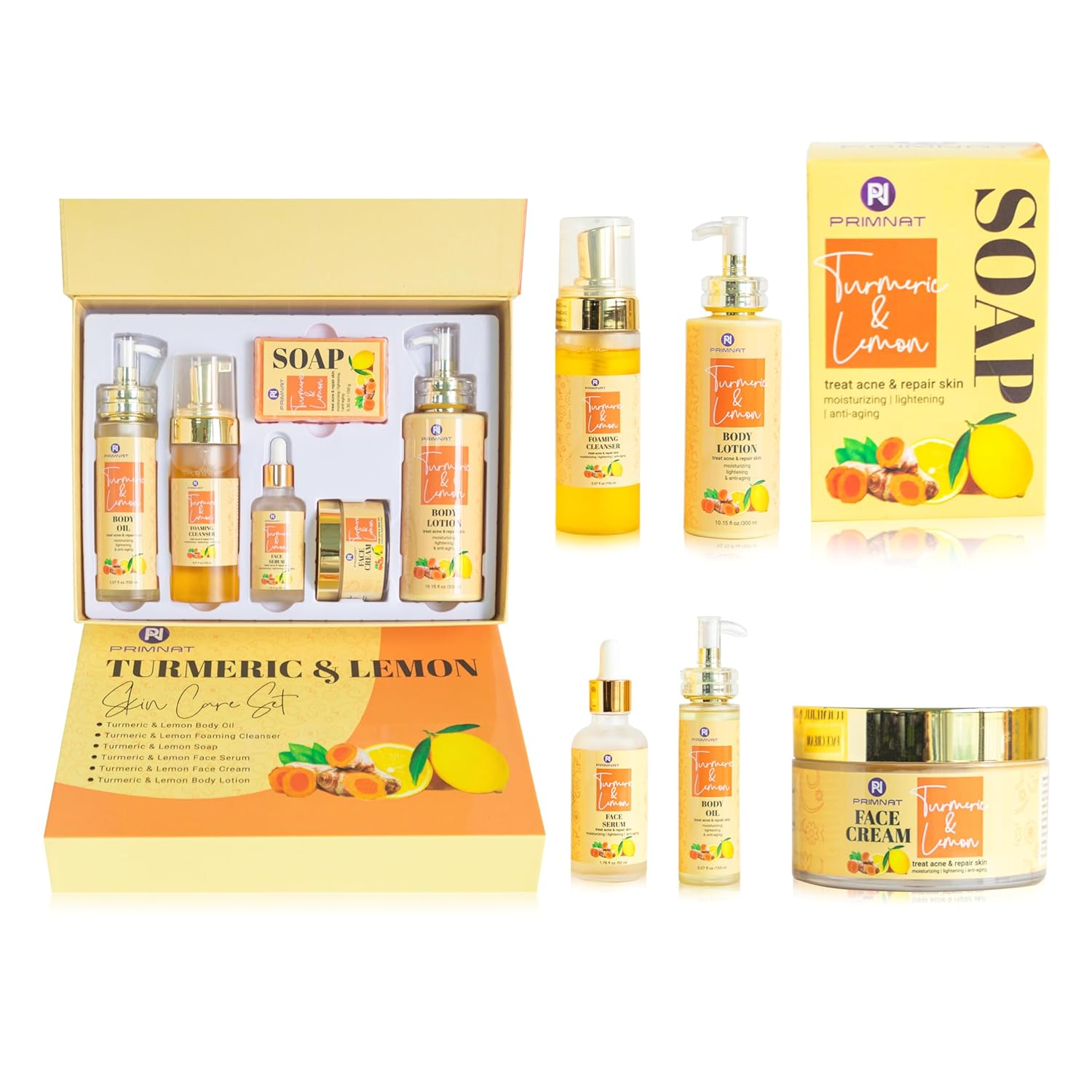 Turmeric Soap Bar & Turmeric Skin Care Set, Anti-Aging & Acne Reducing Aloe Vera Face Cream, Moisturizer, Oil Control, Refining Serum, Hydrating Face Wash and Toner - Beauty & Personal Care