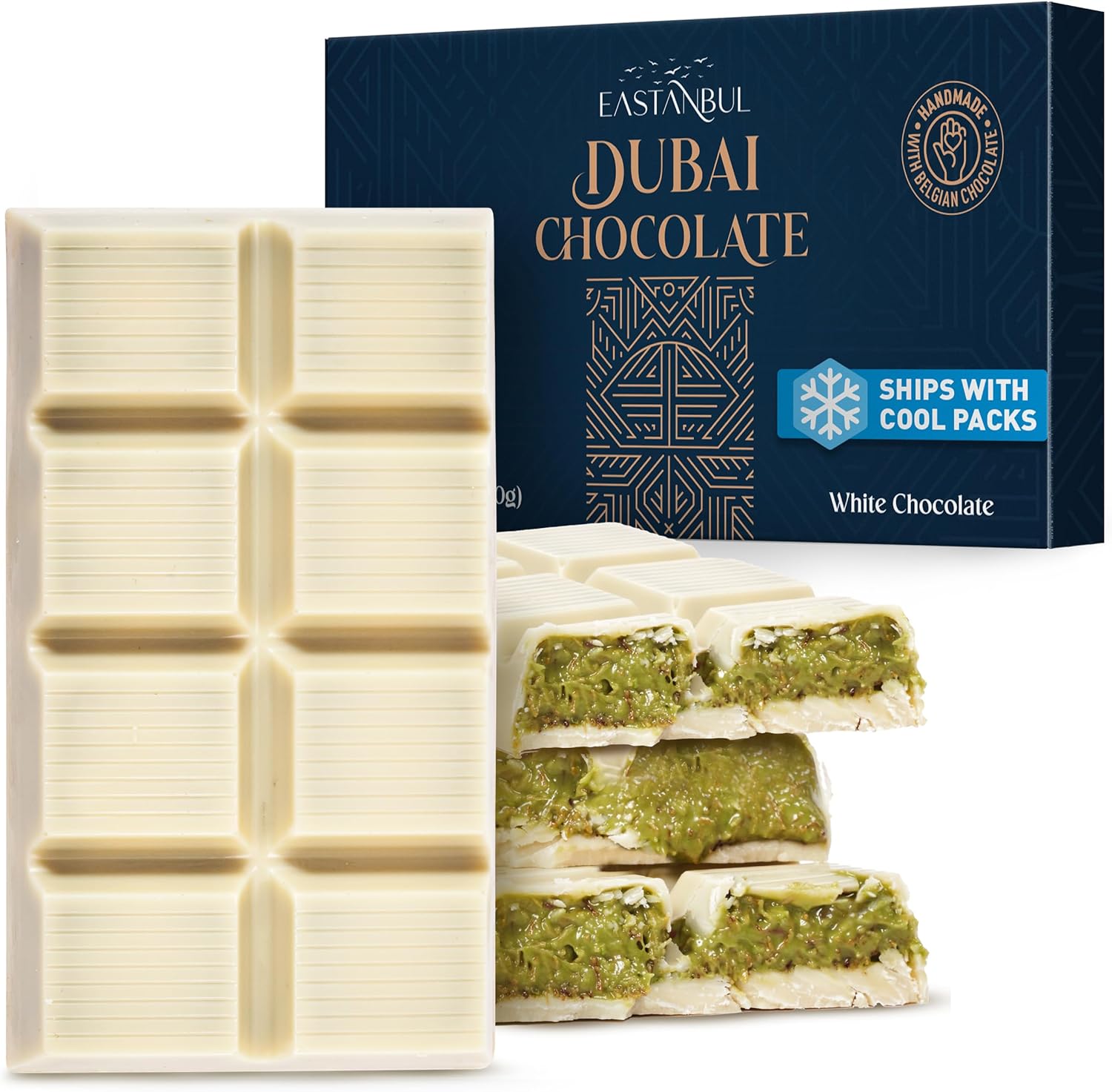Eastanbul Dubai Chocolate Bar Pistachio, 200g, Premium Pistachio Dubai White Chocolate Bar, Dubai Chocolate with Shredded Phyllo Dough, Dubai Knafeh Pistachio Chocolate Bar, Viral Dubai Chocolate Bar