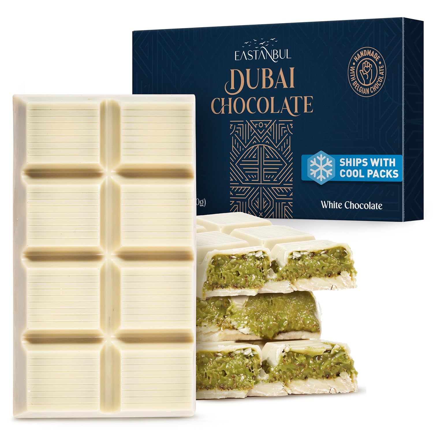 Eastanbul Dubai Chocolate Bar Pistachio, 7oz, Premium Belgium Chocolate, Pistachio Dubai White Bar, Viral Candy with Shredded Phyllo Dough, Knafeh, Gift Box