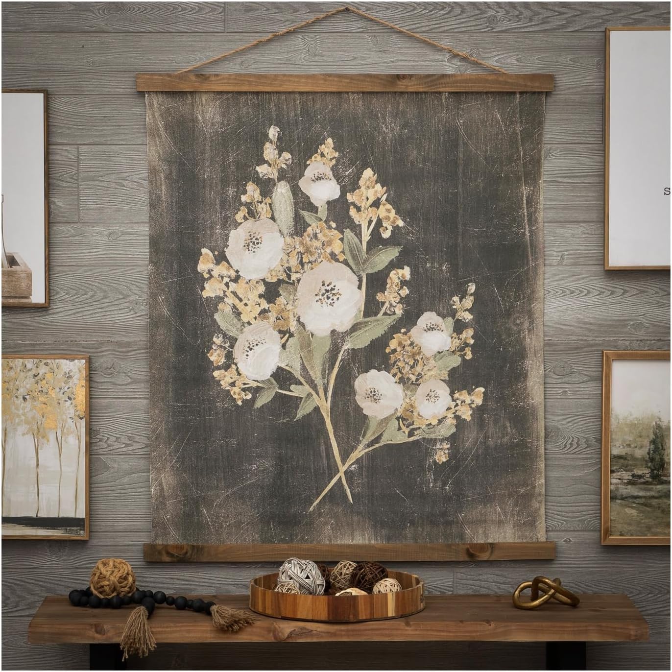 Hobby Lobby Vintage Floral Tapestry Wall Decor, Canvas & MDF, Rectangle, Vertical, Includes Hanging Rope, Distressed Black Background, Wooden Frame, Muted Tones