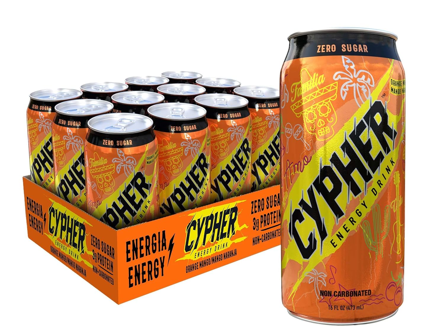 Cypher Orange Mango Zero Sugar Energy Drink - 3g Whey Protein, 0g Sugar, 260 mg Caffeine, Non-Carbonated, High-Performance Sugar Free Drink for Sustained Energy and Focus - 12-Pack,16 oz Cans