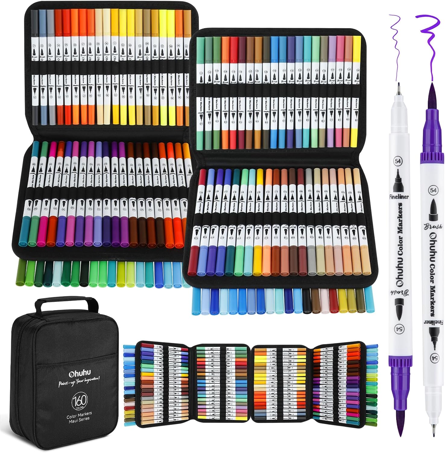 Ohuhu 160 Colours Colouring Pens, Dual Tip Brush Pens Felt Tip Pens, Art Markers with Fineliner, for Kids Adults Colouring Book Drawing Calligraphy Sketching Journal, Maui - Carrying Bag