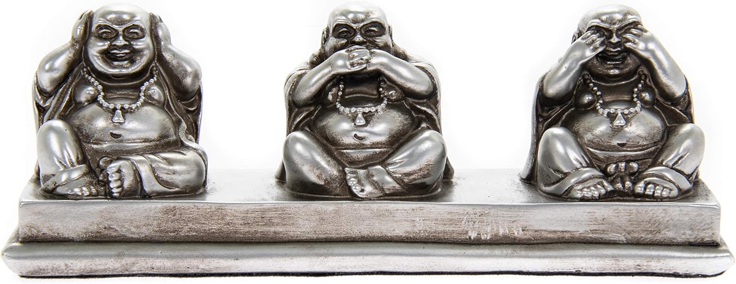 THORNE ANTIQUES AND COLLECTABLES Three Wise Buddhas - See No Evil Hear No Evil Speak No Evil - Lovely Laughing Buddha Ornament in Antique Silver Colour (Silver)