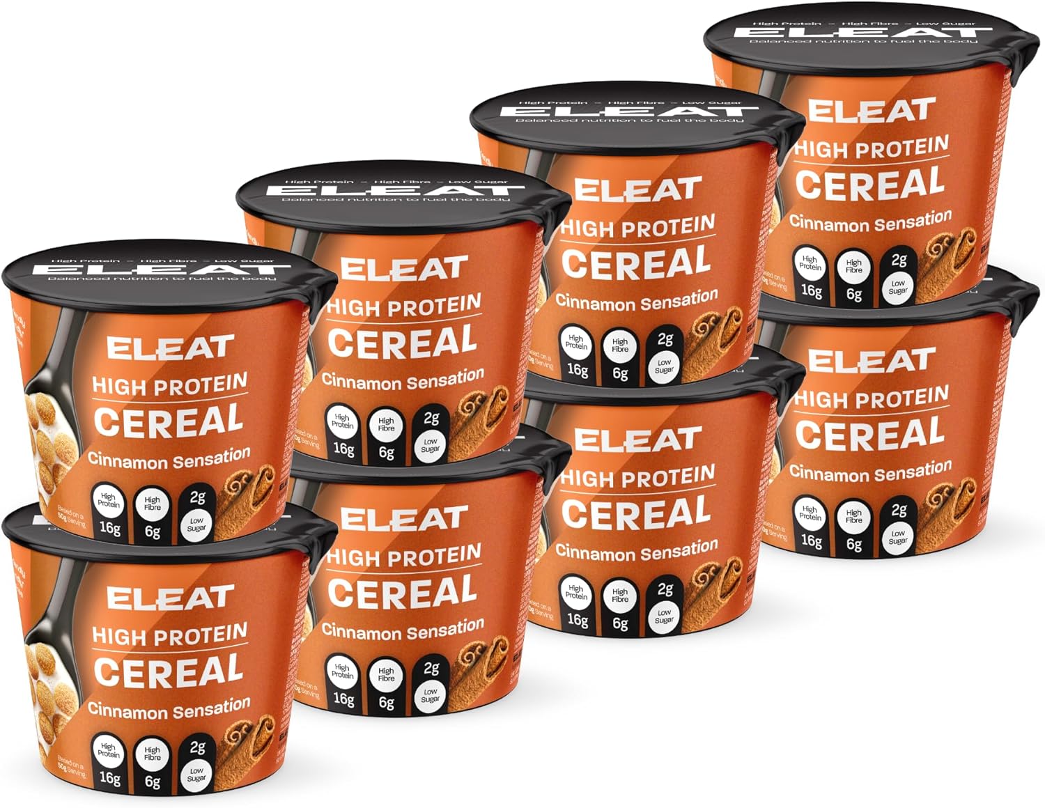 ELEAT | High Protein Breakfast Pots | Healthy High Fibre Cinnamon Cereal Pots | With Good Bacteria & Amino Acids | Great to Go & for Pre-Post Workout | Low Sugar & Gluten-Free | 8 x 50g