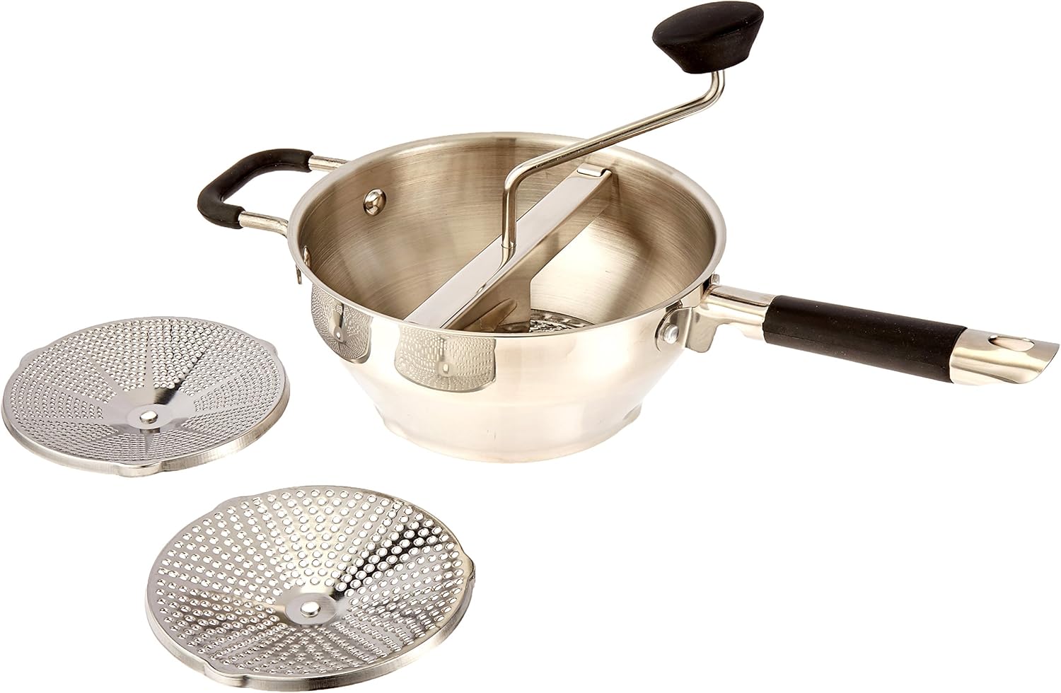 ExcelSteel Food Mill W/3 Grinding Sizes, 17" x 8.25" x 3.75", for Versatile Textures in Soups, Sauces, and Foods, Medium