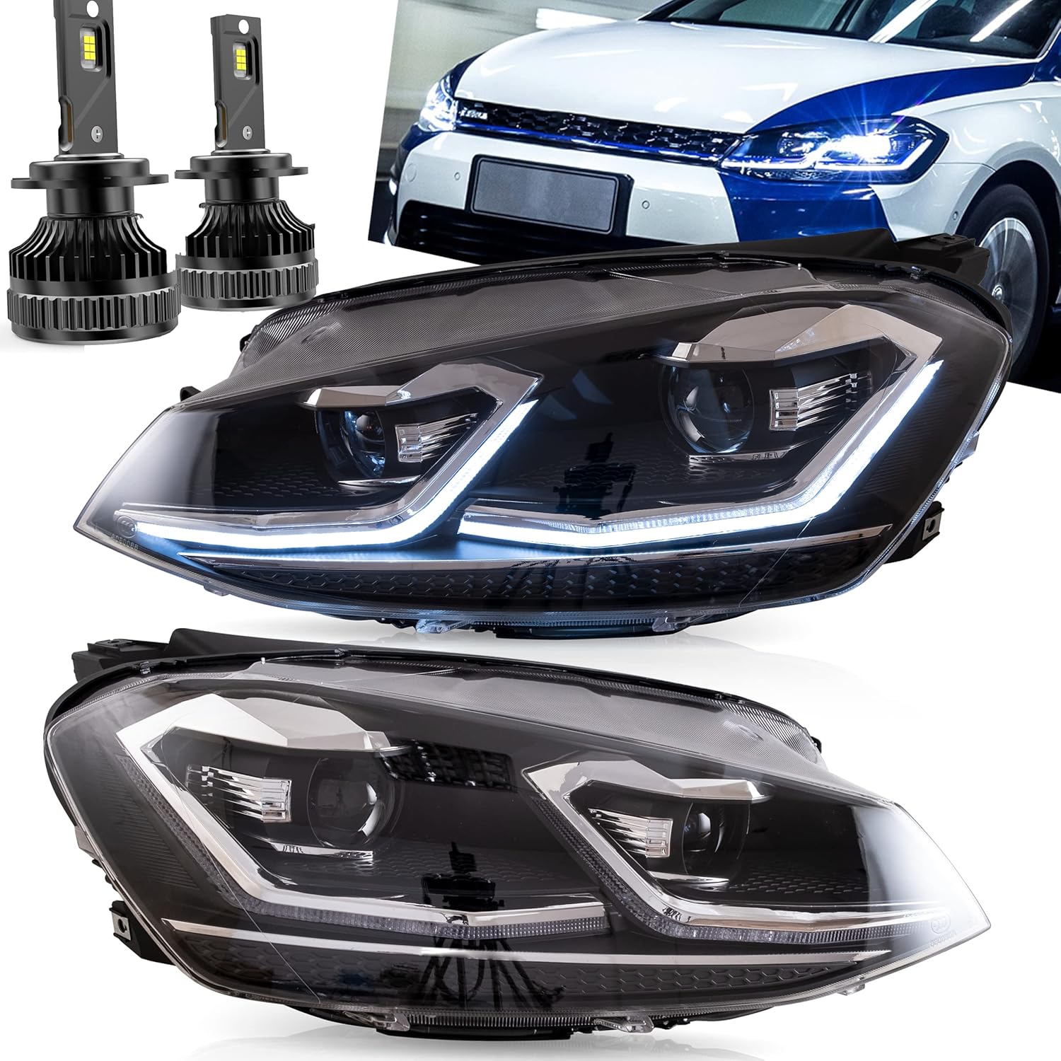 VLAND Headlights with D2H Bulbs Compatible with Golf 7 MK7 TDI TSI 2013-2017, Front Lights with Sequential Indicator, Silver Line Headlamps