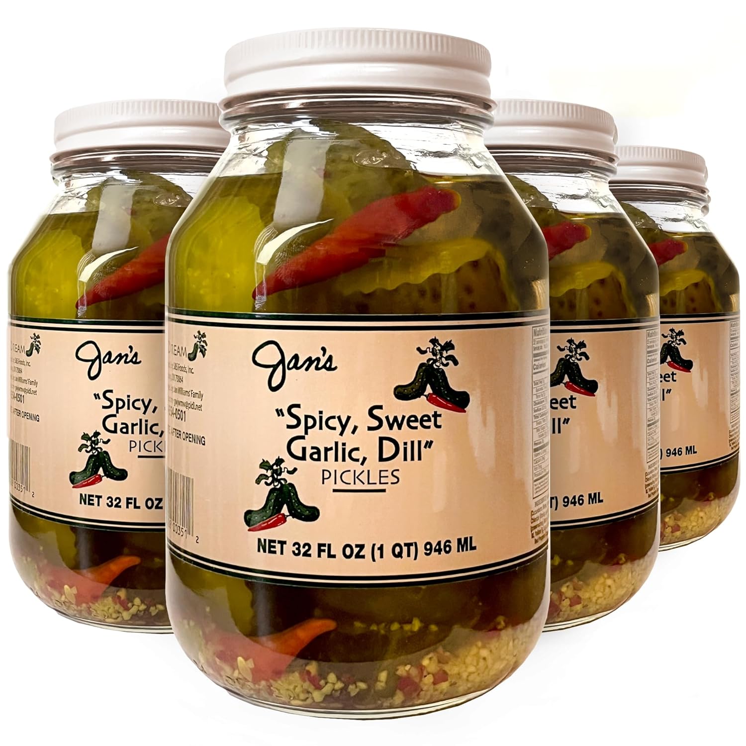 Jan's Pickles - Spicy Sweet Garlic Dill Pickle Chunks (4 Jars) Kosher, Homemade, Gourmet Flavored and Sliced Dills | 32 fl oz (1 qt) | Spicy, Sweet, and Garlic Flavor Combinations Available