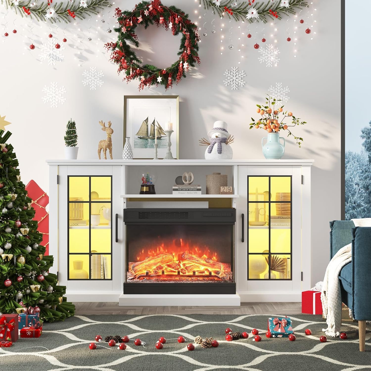 24" 3 Sided Glass Electric Fireplace & 59" TV Stand, 12 Colors LED Lights Flame, 750W/1500W, Tv Stand with Fireplace
