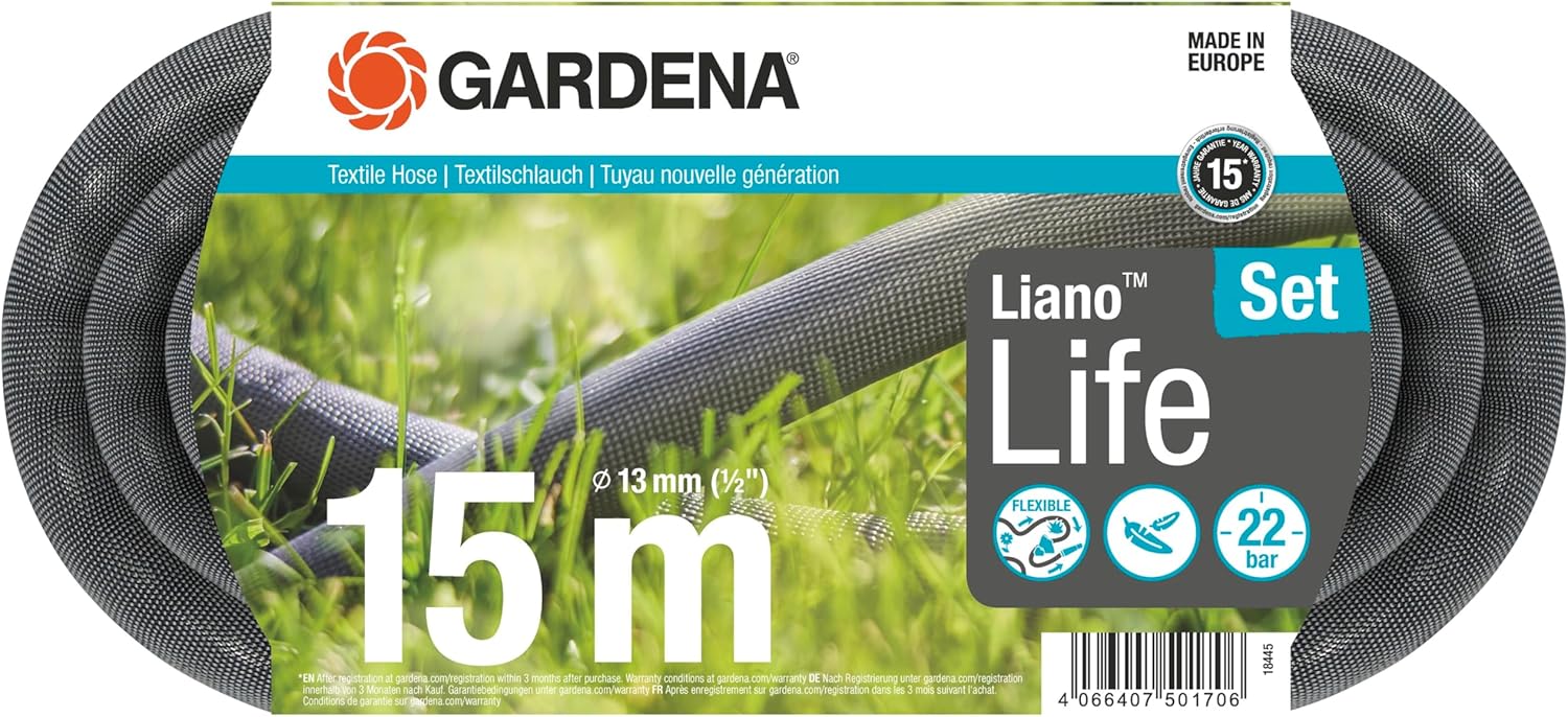 Gardena Liano Life Textile Hose 1/2 inch, 15m: Highly flexible textile garden hose, with PVC inner tube, no kinking, lightweight, weather-resistant (18445-20)