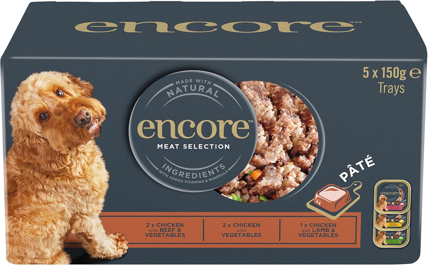 Encore Complete and Natural Wet Dog Food Pate, Meat Selection For Dogs in 150g Tray (Pack of 5 Trays)