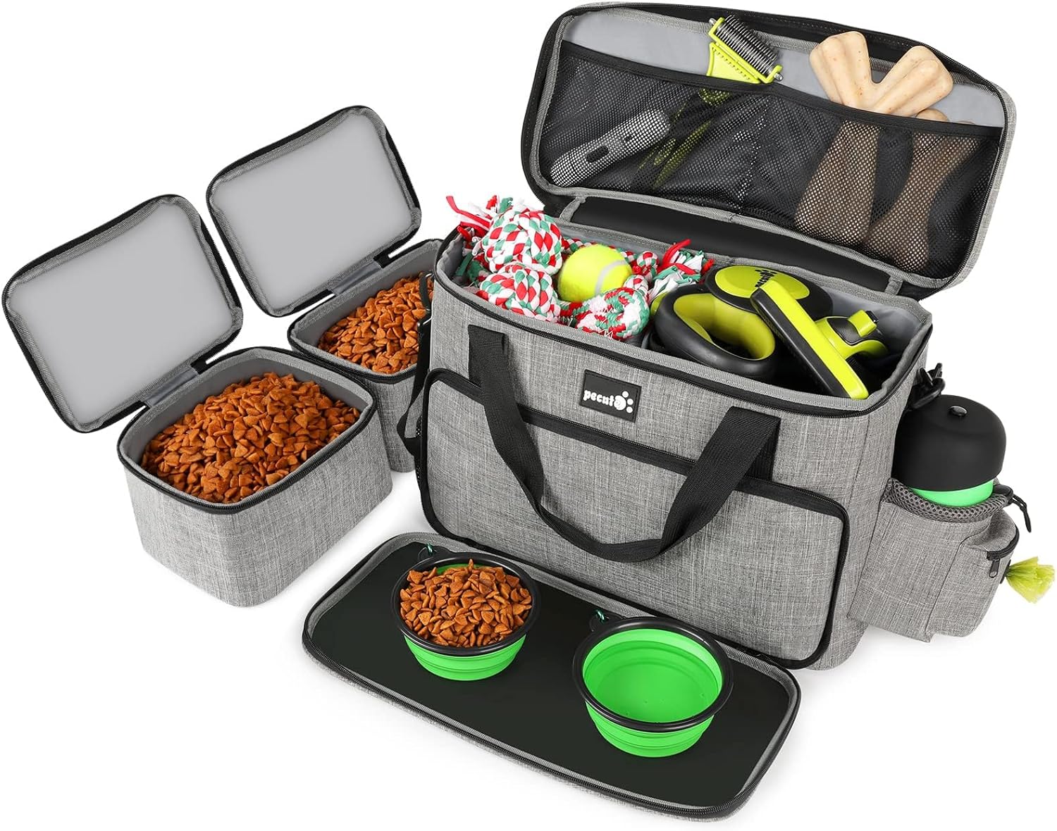 pecute Dog Travel Bag Large, Portable for Travel, Pet with Multi-Function Pockets, Tote Organizer Outdoor use Set 2 Food Bags + Collapsible Bowls, Grey