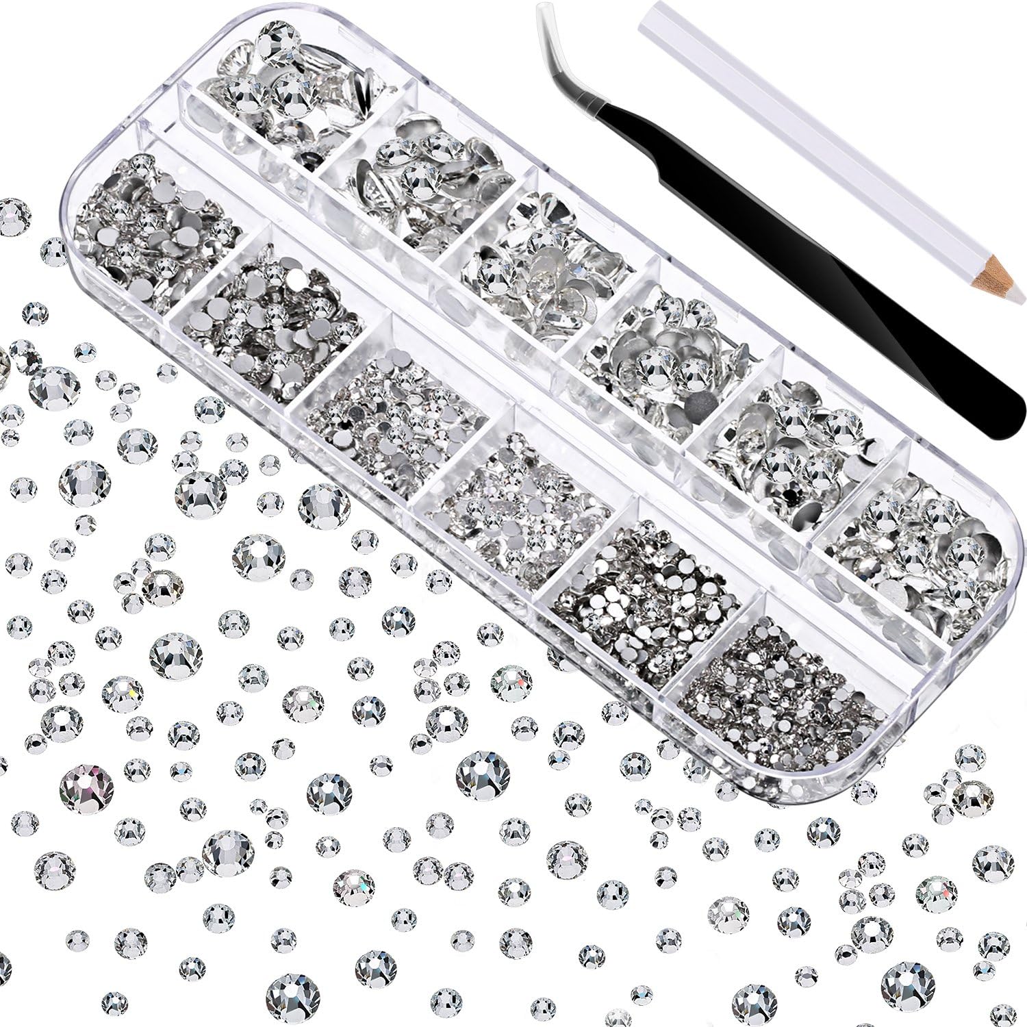2000 Pieces Flat Back Gems Rhinestones 6 Sizes (1.5-6 Mm) Round Crystal with Pick up Tweezer and Rhinestones Picking Pen for Crafts Nail Clothes Shoes Bags DIY Art (Clear)