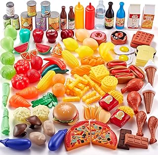 143 Piece Play Food for Kids Kitchen - Toy Assortment - Pretend Food for Toddler - Bonus Water Bottle + Deluxe Color Box Packaging + Storage Bag