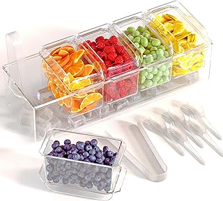 Prime Home Direct Ice Chilled Condiment Caddy | 5 Containers & Lids | Hosting Party Supplies Serving Tray Platter | Buffet, Food Server, Fruit, Garnish, Mimosa, Salad, Taco Bar Accessories Organizer