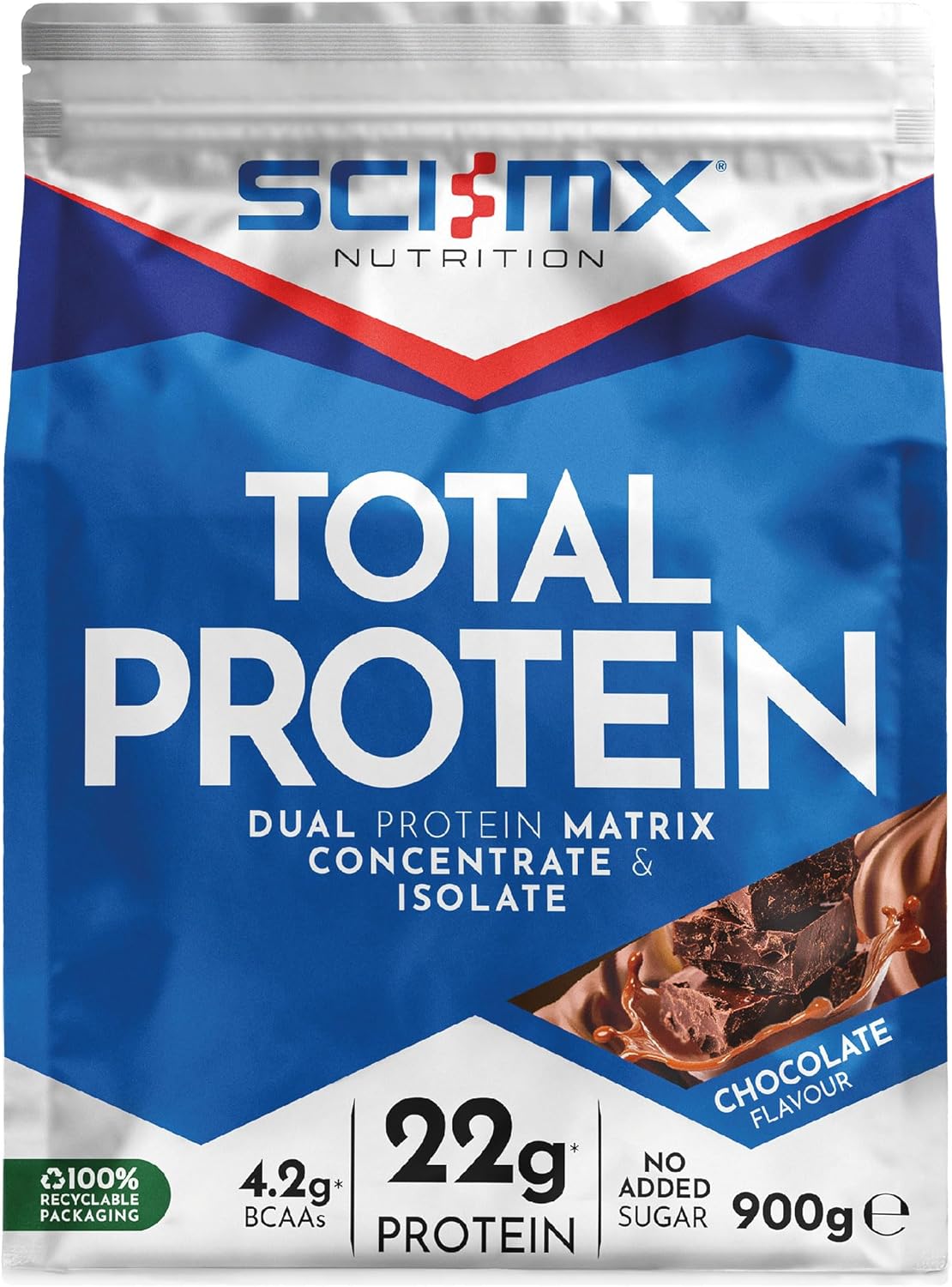 SCI-MX Total Protein - Dual Concentrate & Isolate Powder - Lean Muscle Development - Chocolate • No Added Sugar • 4.2g BCAAs • 900g